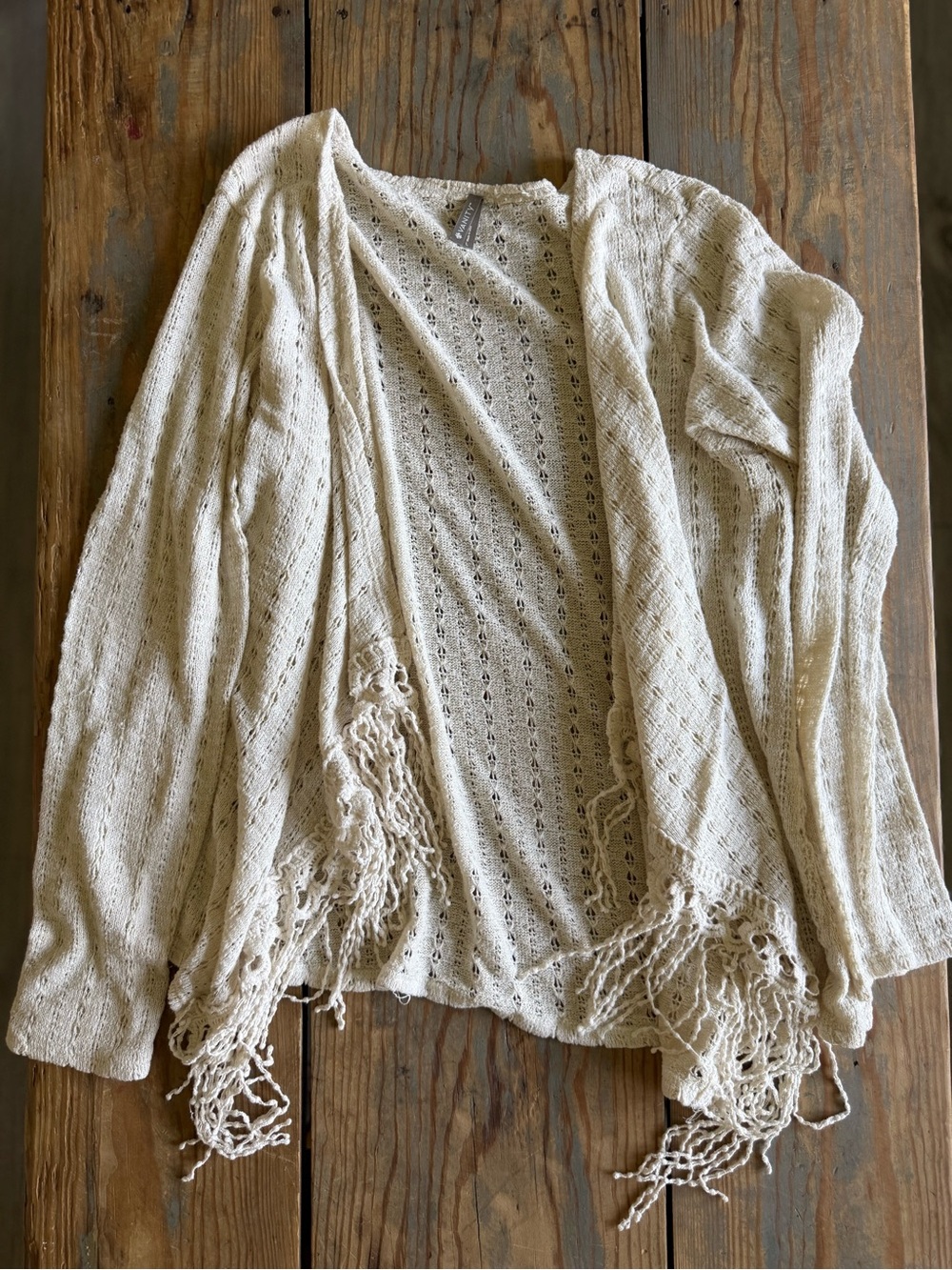 Vanity Cream Open-Front Fringe Knit Cardigan